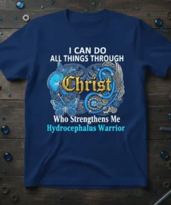 T-shirt with "I CAN DO ALL THINGS THROUGH Christ Who Strengthens Me Hydrocephalus Warrior" quote and intricate blue and gold