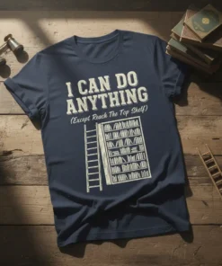 I Can Do Anything Except Reach The Top Shelf quote t-shirt with a bookshelf and ladder graphic