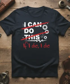 I CAN DO THIS If I die, I die quote t-shirt with gears and red strikethrough, black tee, industrial design