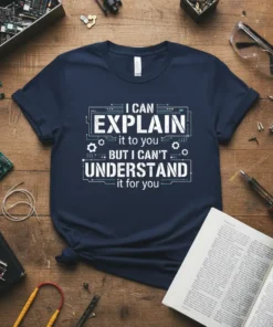 Navy t-shirt with white text: "I CAN EXPLAIN it to you BUT I CAN'T UNDERSTAND it for you" in a