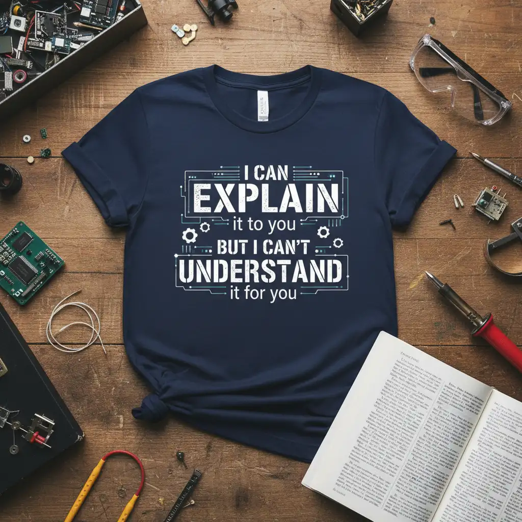I CAN EXPLAIN it to you BUT I CAN'T UNDERSTAND it for you quote on a navy t-shirt with circuit design elements