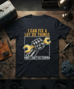T-shirt with the text "I Can Fix A Lot Re Things But I Can't Fix Stupid" featuring a robot hand