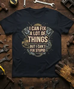 I Can Fix A Lot Of Things But I Can't Fix Stupid quote on a dark t-shirt with piston and