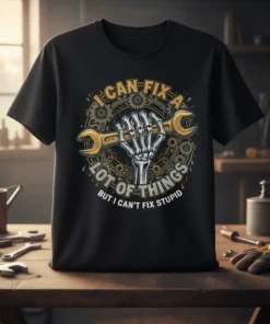 Skeleton hand holding a wrench with text "I Can Fix A Lot Of Things But I Can't Fix Stupid" on