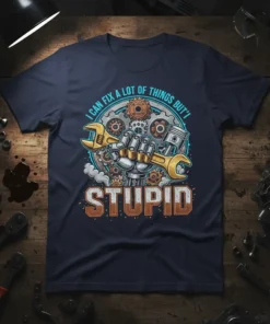 I Can Fix A Lot Of Things But I Stupid t-shirt design featuring a robot hand holding wrenches and gears