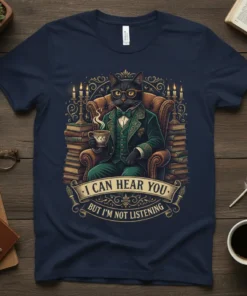 A dapper black cat wearing glasses and a suit, holding a teacup, with the quote "I Can Hear You. But