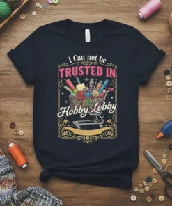 T-shirt with text "I Can not be TRUSTED IN Hobby Lobby" featuring a shopping cart filled with craft supplies