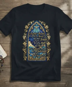 I Can Only Imagine Christian song lyrics t-shirt design with Jesus, dove, and stained glass window motif