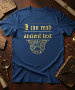 I can read ancient text t-shirt with gold typography and an Egyptian ankh symbol design