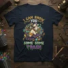 T-shirt design with text "I CAN SHOW YOU SOME SOME TRASH" featuring a raccoon and opossum on a magic carpet