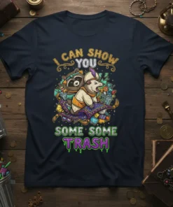 T-shirt design with text "I CAN SHOW YOU SOME SOME TRASH" featuring a raccoon and opossum on a magic carpet