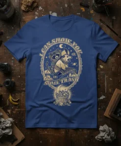 T-shirt design featuring a raccoon and opossum on a magic carpet with the text "I Can Show You Some Trash"