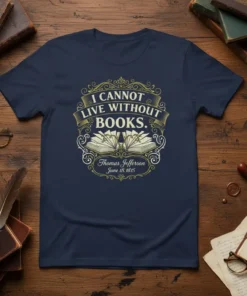 T-shirt with the quote "I Cannot Live Without Books" by Thomas Jefferson in vintage font, featuring an open book graphic