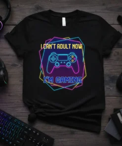 Black t-shirt with neon text "I Can't Adult Now I'm Gaming" and a video game controller graphic