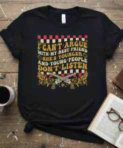 I Can't Argue With My Best Friend quote t-shirt with vintage guns and checkered background design