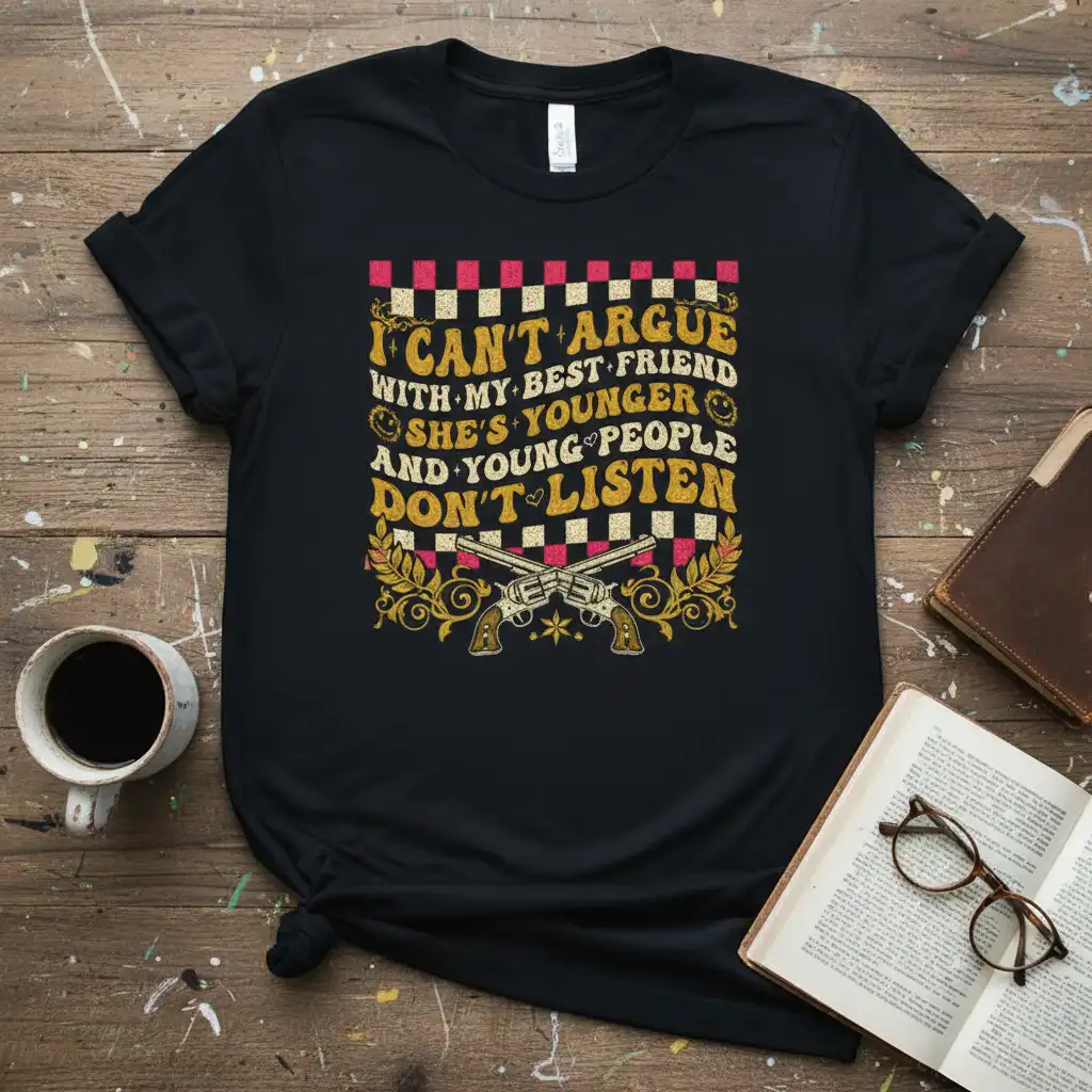 I Can't Argue With My Best Friend quote design with vintage guns and checkered pattern