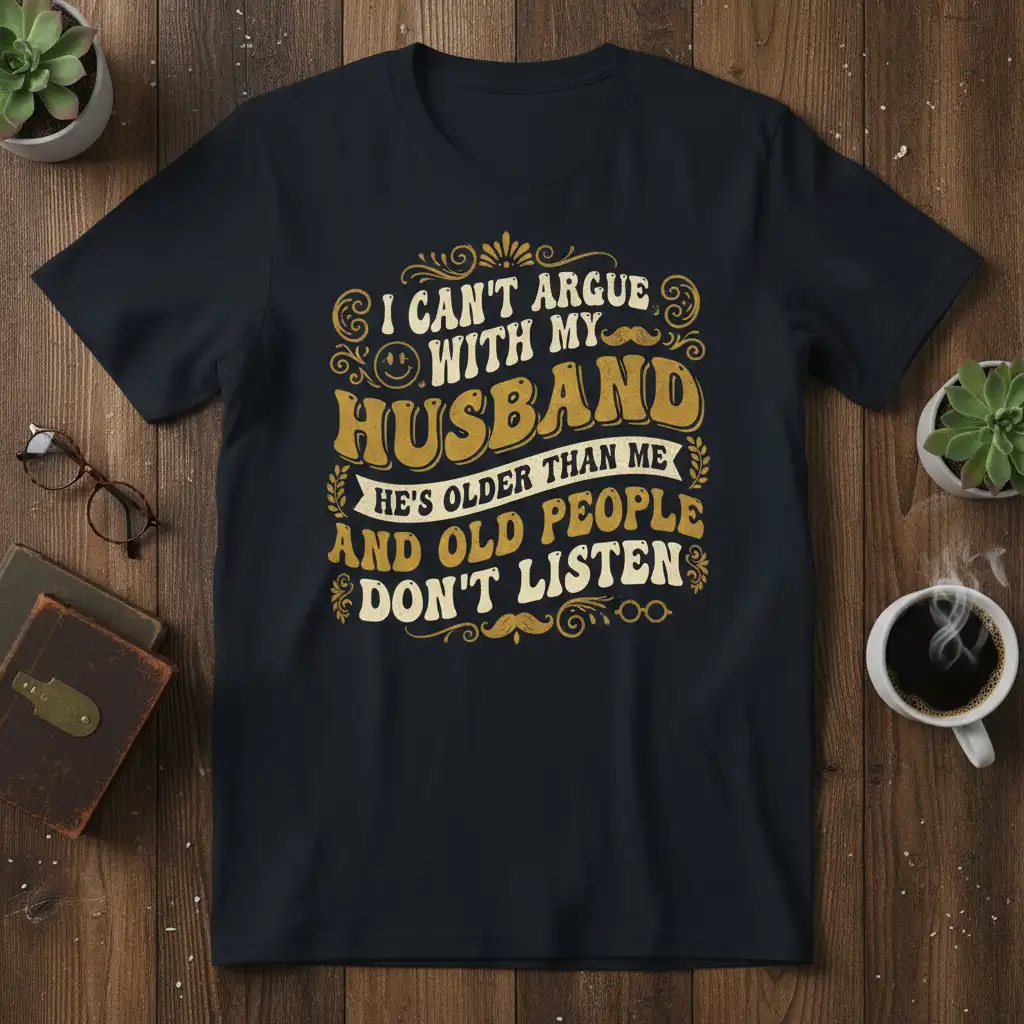 I Can't Argue With My Husband quote design with vintage typography and decorative mustaches and glasses elements