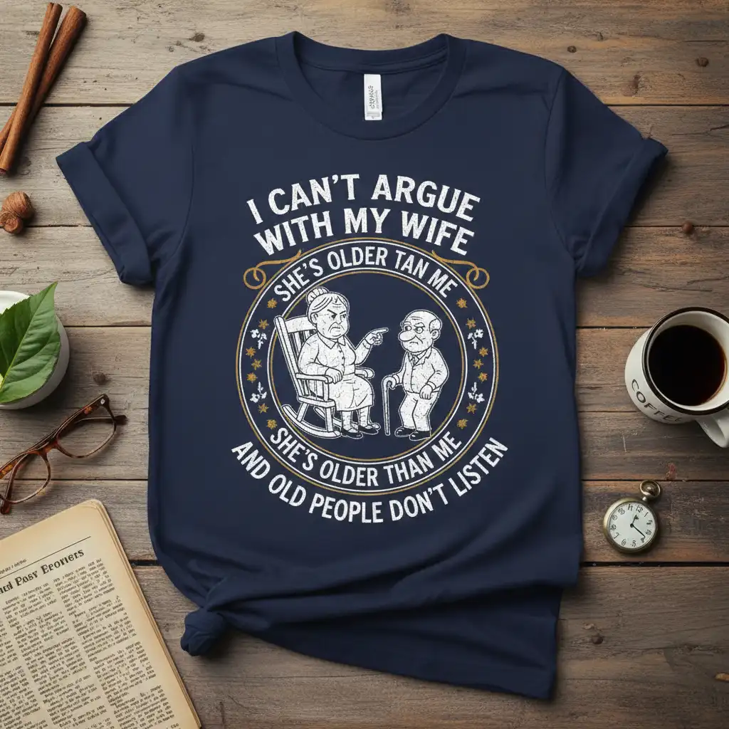 I Can't Argue With My Wife quote with older couple illustration on a navy blue t-shirt