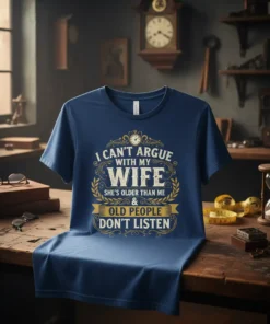 I Can't Argue With My Wife humorous quote t-shirt with vintage clock and laurel wreath design