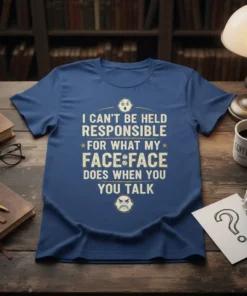 Blue t-shirt with "I CAN'T BE HELD RESPONSIBLE FOR WHAT MY FACE FACE DOES WHEN YOU TALK" in distressed yellow