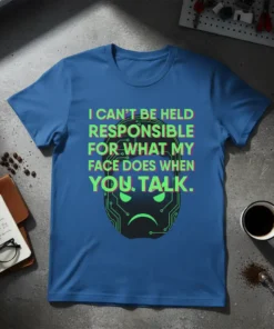 Blue t-shirt with "I CAN'T BE HELD RESPONSIBLE FOR WHAT MY FACE DOES WHEN YOU, TALK." in green glitch text