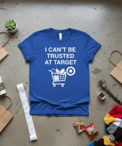Blue t-shirt with white text "I Can't Be Trusted At Target" and a shopping cart graphic