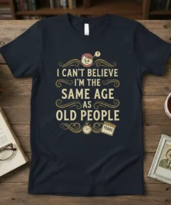 I Can't Believe I'm the Same Age As Old People funny quote t-shirt design with vintage elements and an illustration