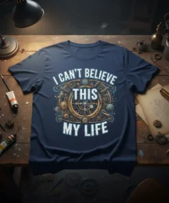 I Can't Believe This My Life quote in steampunk font with gear graphics on a navy t-shirt