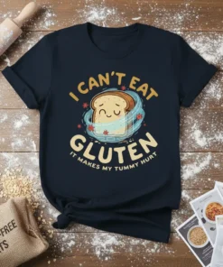 I CAN'T EAT GLUTEN IT MAKES MY TUMMY HURT t-shirt with a cartoon slice of bread looking unwell, surrounded by