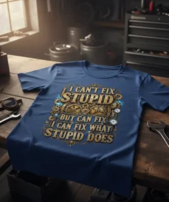 Steampunk-inspired graphic t-shirt with the quote "I Can't Fix Stupid But Can Fix What Stupid Does" in gold lettering