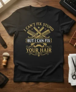 Black t-shirt with gold text: "I Can't Fix Stupid But I Can Fix Your Hair" and barber graphics