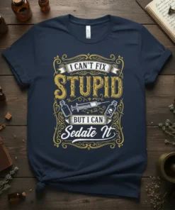 T-shirt with "I Can't Fix Stupid But I Can Sedate It" quote and syringe graphic