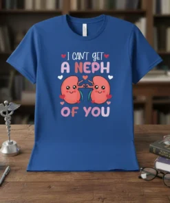 I Can't Get A Neph Of You kidney t-shirt with cute cartoon kidneys holding hands, pink and white text