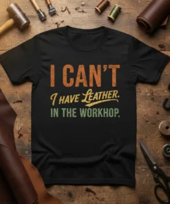 Black t-shirt with orange and yellow text "I CAN'T HAVE LEATHER. IN THE WORKHOP." for leatherworkers