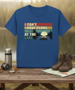 Retro graphic t-shirt with text "I Can't. I Have Plans. I'll Be At The Lake." featuring a sunset over water
