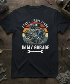 I Can't, I Have Plans In My Garage t-shirt with vintage engine graphic and distressed sunset background