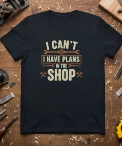 I Can't I Have Plans In The Shop T-Shirt featuring woodworking tools and bold typography