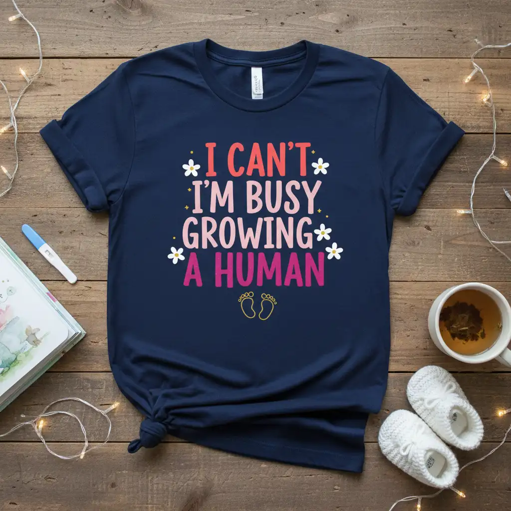 I Can't I'm Busy Growing A Human text design with flowers and baby footprints on a navy blue t-shirt