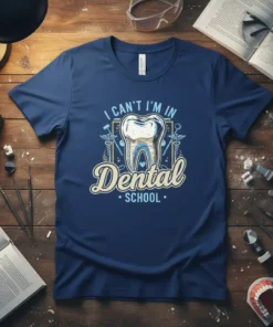 I Can't I'm In Dental School t-shirt design with a prominent tooth graphic and dental tools