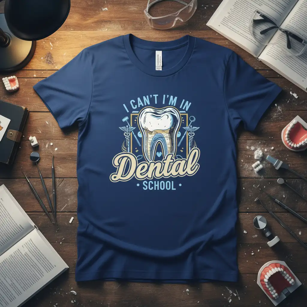 I CAN'T I'M IN Dental SCHOOL quote on a navy t-shirt with tooth graphic and dental tools