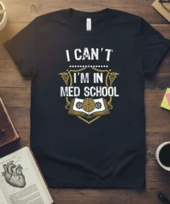 I CAN'T I'M IN MED SCHOOL text with brain and caduceus graphic on a black t-shirt