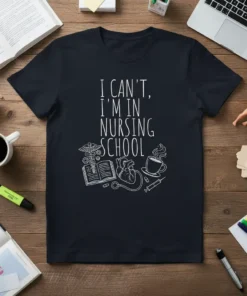 T-shirt with the white text "I CAN'T, I'M IN NURSING SCHOOL" and medical-themed doodles for nursing students