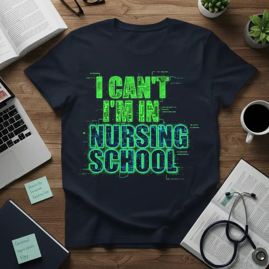 I Can't I'm In Nursing School quote in neon green digital font on a dark t-shirt