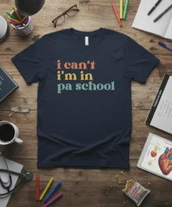 Retro-style "i can't i'm in pa school" text design on a navy blue t-shirt, perfect for physician assistant students