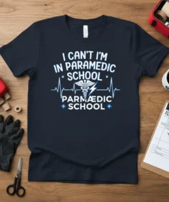 Paramedic school t-shirt with "I Can't I'm In Paramedic School" text and caduceus symbol