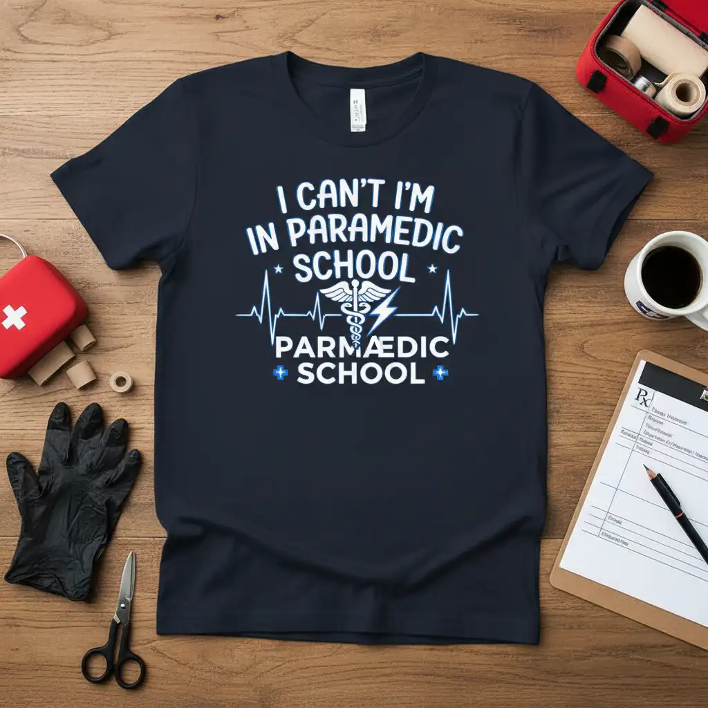 I Can't I'm In Paramedic School tee featuring heartbeat EKG and caduceus design