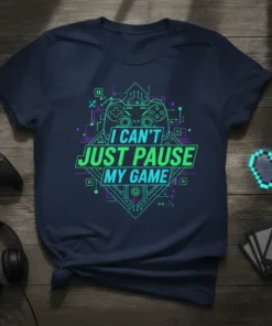 I CAN'T JUST PAUSE MY GAME text with neon green and purple circuit board graphic on a navy t-shirt