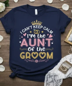 Navy blue t-shirt with "I Can't Keep Calm I'm the Aunt of the Groom" text and wedding graphics including a