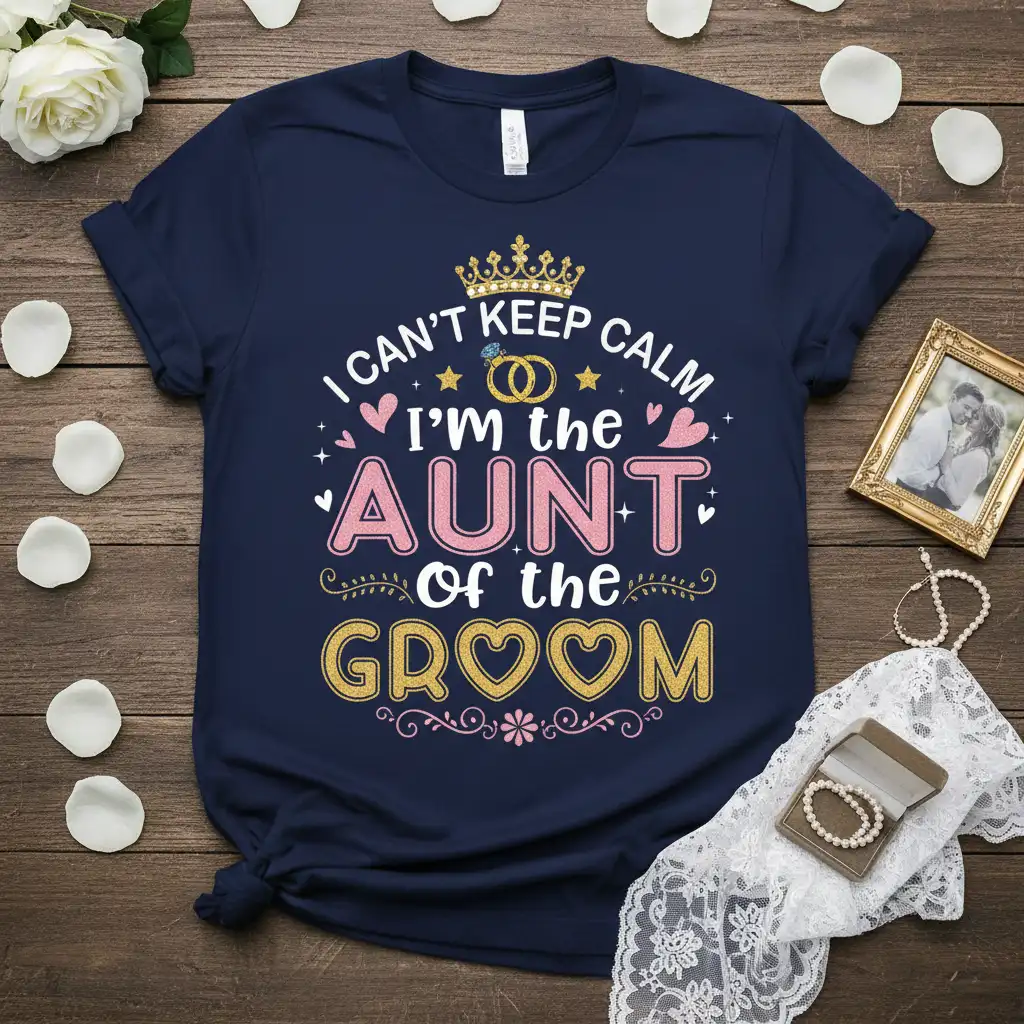 I Can't Keep Calm I'm the Aunt of the Groom text design with crown and wedding ring graphics