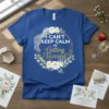 Bridal t-shirt with white text "I CAN'T KEEP CALM I'M Getting Married!" in a floral wreath